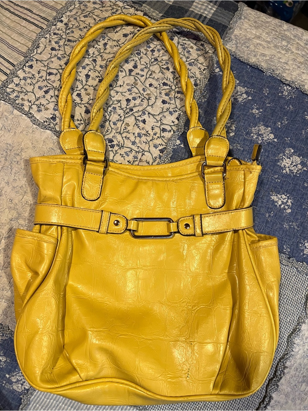 Yellow Braided-Handle Women’s Tote Bag with Belt Accent